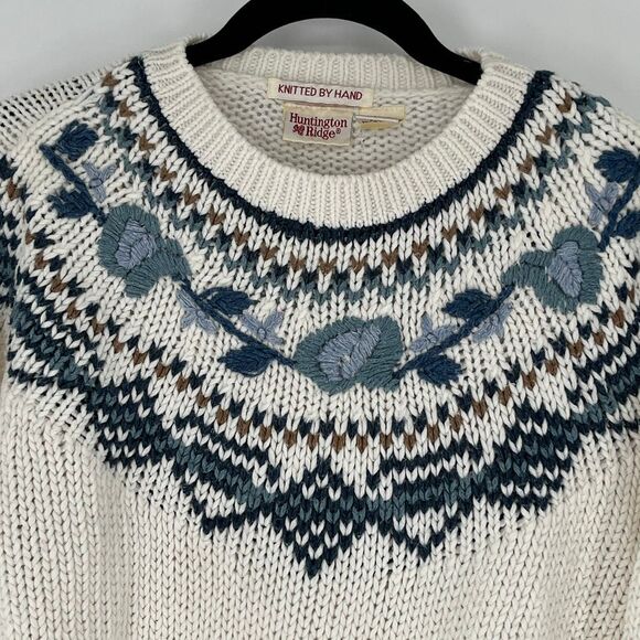 HUNTINGTON RIDGE Women’s L Vtg Hand-Knit Sweater Cream Floral Boho Cottagecore - Picture 2 of 13